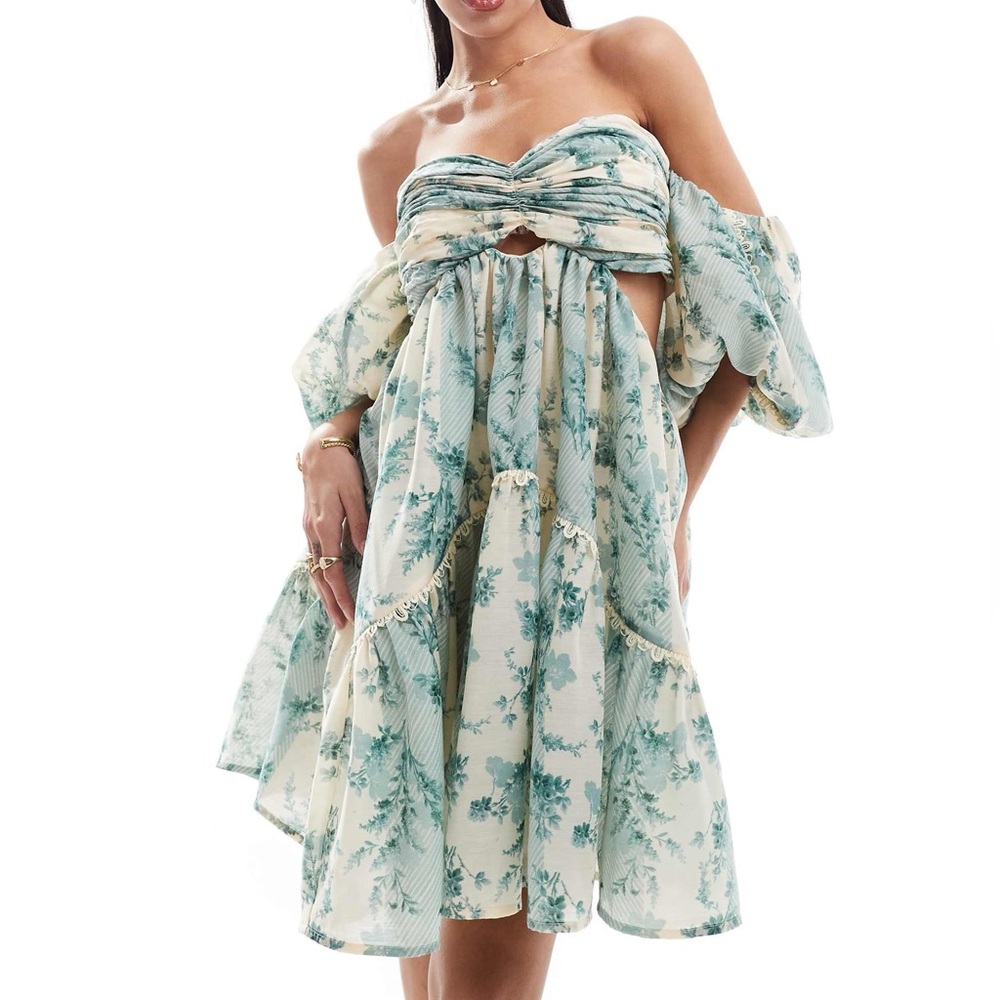 ASOS DESIGN bardot puff sleeve cut out voile mini dress in floral print